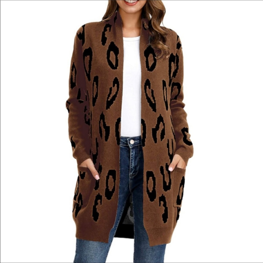 🆕️ Leopard Print Open Front Long Knit Cardigan XL